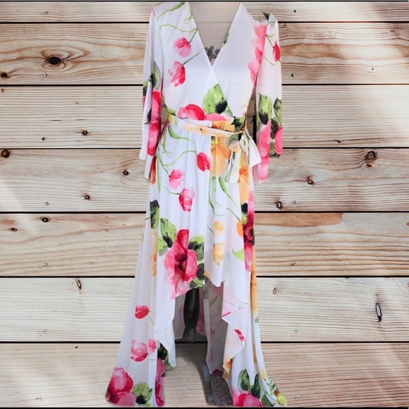 IVORY FLORAL HIGH LOW TIED WAIST FLOWY LINED DRESS - Picture 3 of 10